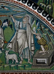 San Vitale, Opowieści Abrahama, fragment mozaiki lunetowej nad wejściem do ambitu przedstawiający ofiarę Izaaka, Rawenna, Emilia-Romania, Włochy
