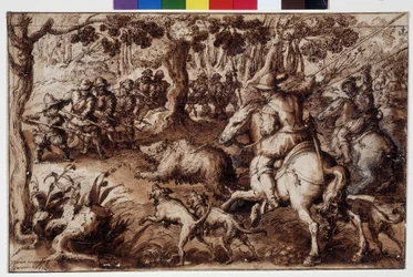 Polowanie na niedźwiedzia. Rysunek autorstwa Giovanniego Stradano (Jan Van Der Straet) (Johannes Stradanus) (1523-1605). Florencja, Gabinetto dei Disegni e delle Stampe degli Uffizi (Uffizi). GDSU 2343 F