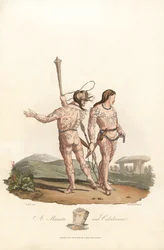 Antyk brytyjski (okres przedrzymski, przed I w.): Catini i Kaledończycy (Szkoci) z północnych równin i lasów Brytanii, pokryci tatuażami - Forte water Roberta Havella (1793-1878) z ilustracji Charlesa Hamiego
