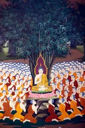 Budda naucza uczniów, fresk ścienny, świątynia Wat Botum, Phnom Penh, 2022 (zdjęcie)