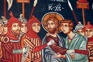 Bizantyjski fresk z XV wieku Zdrada Judy i aresztowanie kościoła Jezusa Michała Archanioła w Pedoulas Cypr Malowane kościoły UNESCO Troodos, Cypr