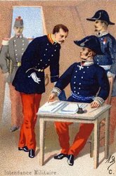 C: Zarządzanie wojskowe. Grawerowanie w „Alfabecie wojskowym”. Inicjały ilustratora: A. D. Wydawca nieznany. Chromolitografie z końca XIX wieku. Wymiary: 10,5x7cm .