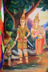 Grafika na suficie przedstawiająca życie Buddy. Świątynia Wat Si Sou Mang Karam. Vieng Vang. Laos, 20151102, Vieng Vang, Laos