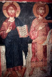 Christ with Saint Constantine Timios Stavros tou Agiasmati church, Holy Cross of Agiasmati XV wiek Cypr Malowane kościoły UNESCO Troodos, Cypr