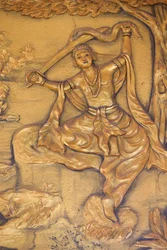 Buddyjska pagoda Chua Thiep Long. Wielkie postrzyżyny: Budda ścina włosy mieczem. Następnie zamienił książęce szaty na szatę żebraka. Potem rozpoczął poszukiwanie oświecenia. Tay Ninh. Wietnam