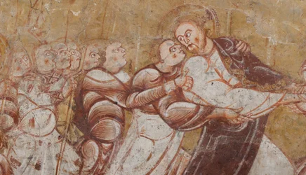 Kościół (Église Saint-Martin). Wnętrze. Malowidła ścienne (fresk). Północna ściana chóru. Szczegół. Aresztowanie Chrystusa. XII wiek.