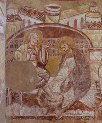 Kościół (Église Saint-Martin). Wnętrze. Malowidła ścienne (fresk). Północna ściana chóru. Szczegół. mycie stóp. XII wiek.