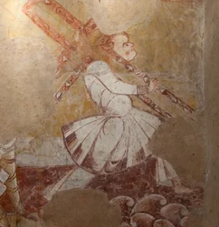 Kościół (Église Saint-Martin). Wnętrze. Malowidła ścienne (fresk). Północna ściana chóru. Szczegół. Szymon Cyrenejczyk niosący krzyż. XII wiek.