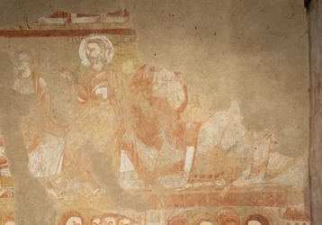 Kościół (Église Saint-Martin). Wnętrze. Malowidła ścienne (fresk). Zachodnia ściana nawy. Szczegół. Apostołowie. XII wiek.
