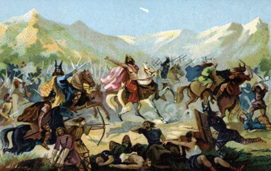 Clovis I (466-511), król Franków, podczas bitwy pod Tolbiac w 496 r. przeciwko germańskiemu plemieniu Alamanów, ślubował nawrócić się w przypadku zwycięstwa. Koniec XIX wieku (chromolitografia)