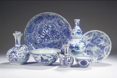 Kolekcja niebieskiej i białej porcelany