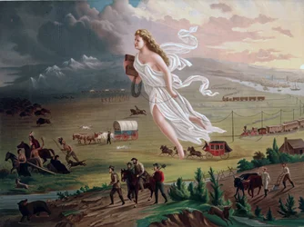 Koncepcja Manifest Destiny: Alegoryczna postać kobieca niosąca elektryczny drut telegraficzny, prowadzi amerykańskich pionierów i linie kolejowe na zachód, przed nimi wycofują się rdzenni Indianie, bizony i niedźwiedzie. Chromolitografia z 1873 roku.
