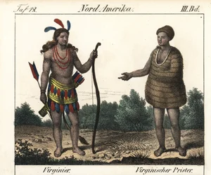 Strój Indian Powhatan z Wirginii (USA): wojownik i kapłan Secota. Litografia do książki: "Galerie complete en tableaux fideles des peuples d