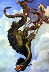 Para walcząca ze smokiem, ok. 1910 r. (ilustracja)