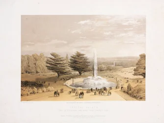 Kryształowy Pałac, powielka wystawa Fontanna i park ze schodów tarasowych Pałacu Kryształowego, ok. 1855 r.