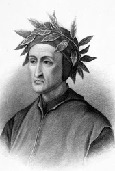 Dante Alighieri (1265-1321), włoski pisarz (Boska komedia), tutaj ukoronowany laurem, rycina