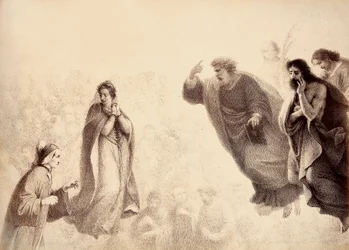 Dante i Beatrice przed jasnymi duchami apostołów Piotra, Jakuba i Jana. Piotr ma uniesioną rękę na znak gniewu. Ilustracja do Canto XXVII w Paradiso z Boskiej komedii Dantego Alighieri. Dzieło Francesco Scaramuzzy dedykowane
