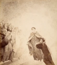 Dante zakrywa uszy dłońmi, pokonany przez okrzyki gniewu wydawane przez duchy ustawione wzdłuż drabiny. Ilustracja do Canto XVI w Paradiso z Boskiej komedii Dantego Alighieri. Dzieło Francesco Scaramuzzy dedykowane władzom miejskim
