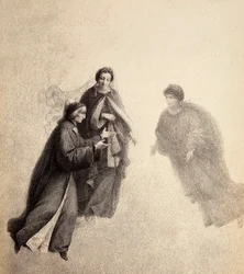 Dante, ponaglany przez Beatrycze, przemawia w pobożnym duchu. Ilustracja do Canto V Paradiso z Boskiej komedii Dantego Alighieri. Dzieło Franceso Scaramuzzy dedykowane władzom miejskim Florencji.