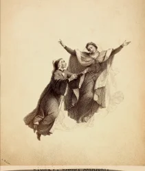 Dante z otwartymi ramionami, prowadzony w locie przez Beatrycze przez firmament Raju. Ilustracja do Canto I Paradiso z Boskiej komedii Dantego Alighieri. Dzieło Franceso Scaramuzzy dedykowane władzom miejskim Florencji.