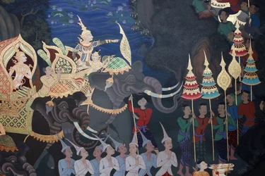 Fragment malowidła ściennego w Uposatha (sala świątynna) świątyni Buddhapadipa, Wimbledon, Wielka Brytania