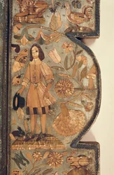 Detal intarsji ze słomy z ramy lustra ok. 1670