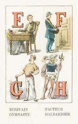 E - pisarz; F - współczynnik; G - gimnastyczka; H - Halberdier - Alfabet dziecięcy, Edycje Gordinne 1920 (grawerowanie)