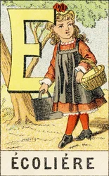 E: Uczennica - Grawerunek zaczerpnięty z ABCD małych dziewczynek. Pellerin & Cie, drukarz-wydawca, Epinal, ok. 1890. Seria A. Wymiary: 19 x 13,5 cm.