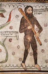 Ego sonto un homo salvadego per natura, chi me ofende ge fo pagura (jestem dzikim człowiekiem z natury, tych co mnie obrażają będę się bał), fresk, muzeum Homo Salvadego, Sacco, Cosio Valtellino, Lombardia, Włochy