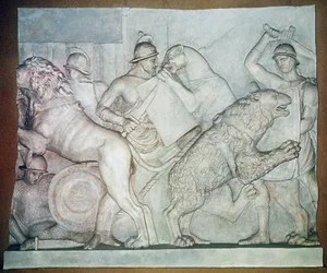 Walka między bestiami i gladiatorami, płaskorzeźba, Villa Torlonia, Rzym