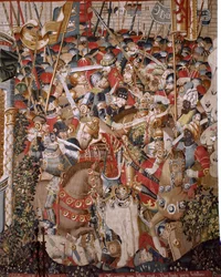 Flamandzki gobelin. Seria Wojna trojańska. Śmierć Achillesa (Muerte de Aquiles). Ósmy gobelin z serii. Mistrz modelu Coëtivy (Henry lub Conrard de Vulcop). Warsztaty produkcji Tournai. Ca 1470. Tkanina Wełna i jedwab, 6/7 osnów na cm. Rozmiar 482 x 942 cm