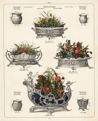 Stojaki na kwiaty, naczynia na kwiaty, wazony i żardiniery. Litografia z katalogu wyrobów metalowych produkowanych przez Wuerttemberg Metalware Factory, Geislingen, Niemcy