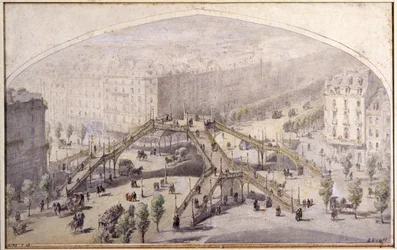 Kładka dla pieszych w Paryżu, ok. 1880 r. (rysunek)