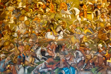 Fresk; bitwa pod Czałdyranem przeciw sułtanowi osmańskiemu Selimowi I; 1514; Chehel Sotoun; Pałac Czterdziestu Kolumn; Isfahan; Iran; Azja