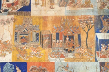 Freski zdobiące ściany Wat Bo przedstawiające sceny z Reamker, Siem Reap, Kambodża (zdjęcie)