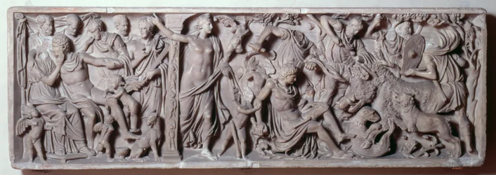 Przód sarkofagu przedstawiającego śmierć Adonisa, Rzymianin, II w. (marmur)