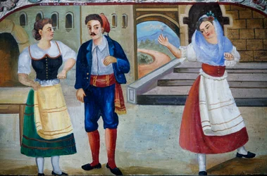 Szarmancka scena z postaciami w kostiumach, malowanie paneli drewnianych, sycylijskie rękodzieło, Sycylia, Włochy, Detail
