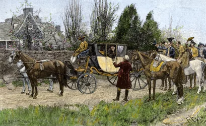 George Washington (1732-1799) witany przez sąsiadów, gdy opuścił Wirginię, aby objąć urząd prezydenta Stanów Zjednoczonych w 1789 roku. Kolorowa rycina z XIX wieku.