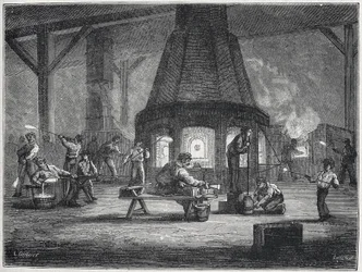 Szklarstwo w drugiej połowie XIX wieku: dzieci pracują, ok. 1880 r. (rycina)