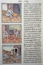 Obróbka złota po hiszpańskim podboju, strona z Kodeksu florenckiego, Ogólna historia rzeczy Nowej Hiszpanii, autorstwa hiszpańskiego misjonarza Fray Bernardino de Sahagun (1499-1590). Cywilizacja Azteków