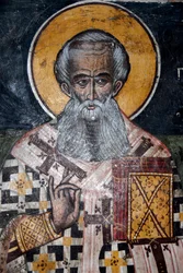 greckie prawosławie; starożytne freski bizantyjskie; mural biskupa Mikołaja; Kościół Agios Nikolaos w Petrze; Lesbos; Morze Egejskie; Grecja; Europa