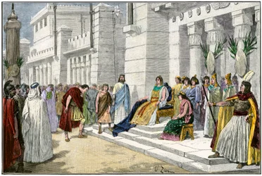 Mitologia grecka i rzymska: Didon (lub Elisza lub Elissa), legendarny założyciel i pierwsza królowa Kartaginy (Tunezja), otrzymuje Enee, heros wojny trojańskiej i założyciel Lavinium, pochodzący z Rzymu (Włochy) - kolorowana rycina z XIX wieku - Dido, fou