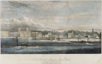 Parowce Greenwich Transport Company (Greenwich, Royal Tar, Gipsy, Water Lily i Fly) przed budynkami molo w Greenwich (Anglia)