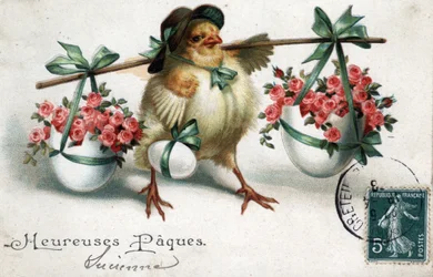Kartka z życzeniami na Wielkanoc: pisklę niosące jajka wypełnione różami - Pocztówka z 1908 r.