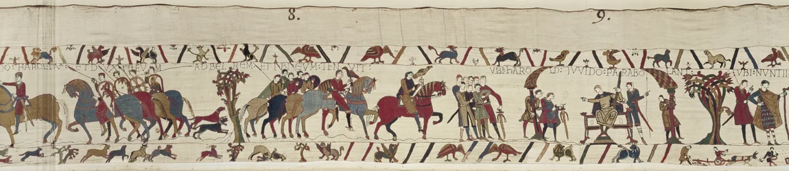 Facet z Ponthieu zabiera Harolda jako więźnia do zamku Beaurain, gobelin z Bayeux (haft z wełny na płótnie)