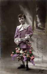 Kartka z życzeniami szczęśliwego Nowego Roku: dziecko trzymające kosz kwiatów - pocztówka z 1920