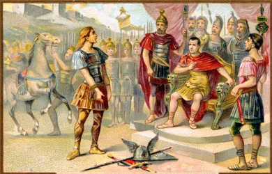Historia. Starożytny Rzym. Wercyngetoryks (wodz galijskiego plemienia Averni) poddaje się Juliuszowi Cezarowi w Alezji, 52 pne. Obrazy, Francja, ok.