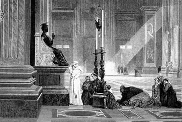 Historia starożytnego Rzymu. Papież Pius IX w modlitwie przed figurą św. Piotra w Bazylice Watykańskiej Grawer G.Laplant 1867