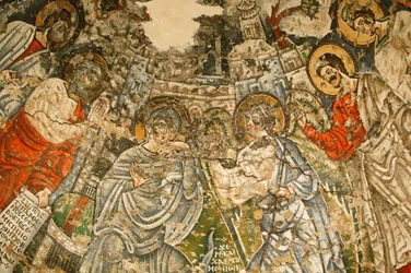 Klasztor koptyjski Najświętszej Maryi Panny i św. Jana Kame : IX w. fresk: Zwiastowanie. Maryję otaczają prorocy Mojżesz, Izajasz, Ezechiel i Daniel. Egipt