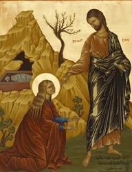 Ikona w melchickiej katedrze w Hajfie: Maria Magdalena ze zmartwychwstałym Chrystusem, Hajfa, Izrael